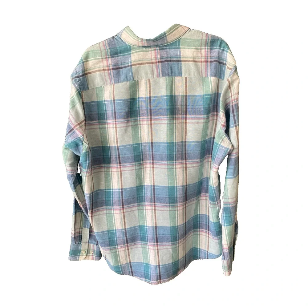 Banana Republic Shirt Mens XL Green Blue Plaid Linen Long Sleeve Office Preppy